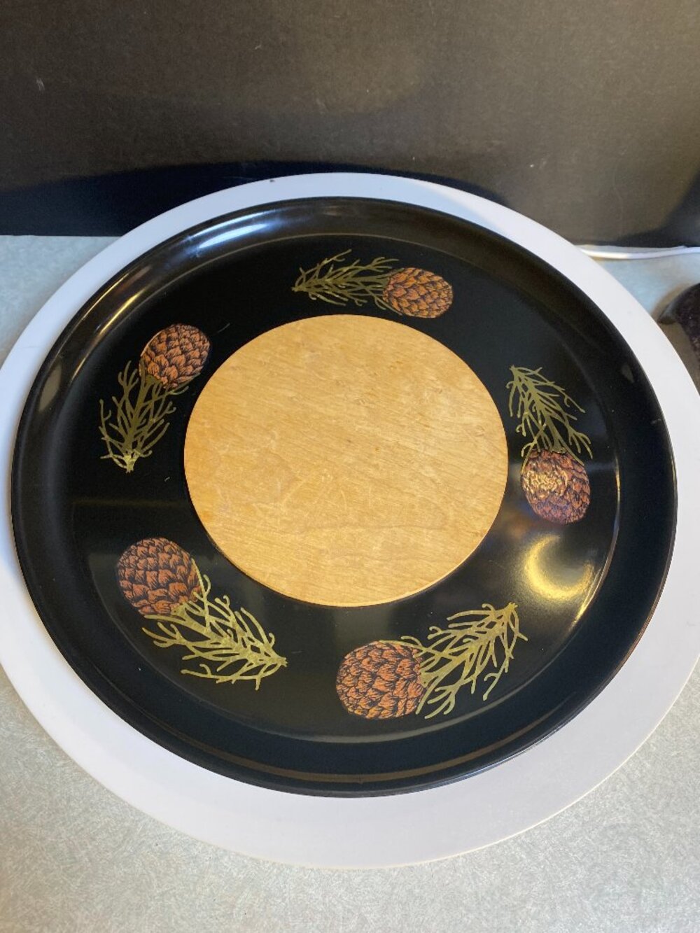 Couroc 10" Monterey Pinecone Cheese Board Black & Gold Maple Vintage